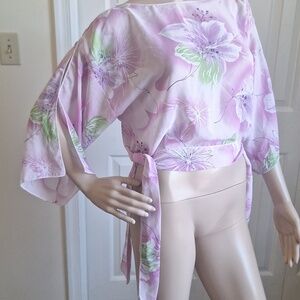 3/$20 Handmade Floral Sheer Tie-Side Kimono Sleeve Blouse, Size Small